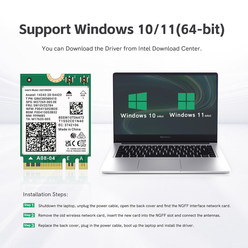 WiFi 6E AX210 NGW Wireless Card M.2 2230/NGFF WiFi 6E Laptop Module with Bluetooth 5.3, 5400Mbps Tri-Band AX210 WiFi Chip Adapter, Ultra-Low Latency, Supports Windows 11/10 (64bit only)