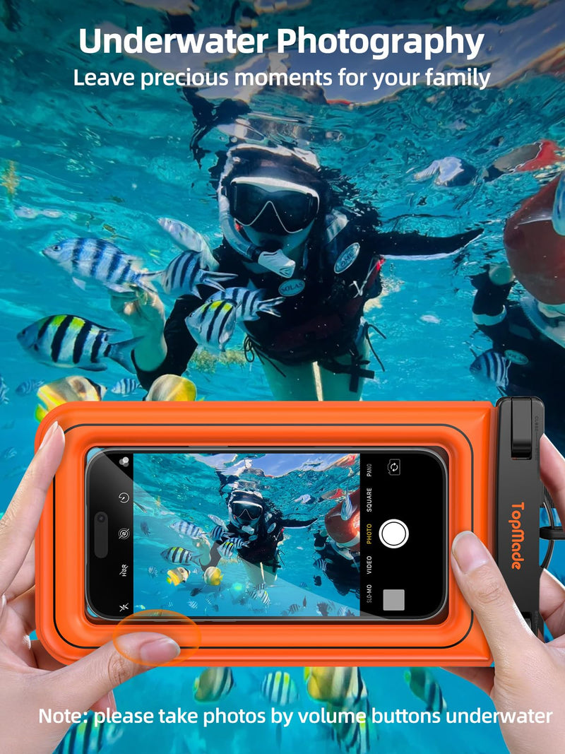 TopMade Floating Waterproof Phone Pouch, 2 Pack IP68 Waterproof Phone Case | Beach/Cruise/Travel Essentials, Detachable Lanyard, Waterproof Pouch for iPhone 17 16 15 Pro Max, S26 Ultra Up to 7", Orange