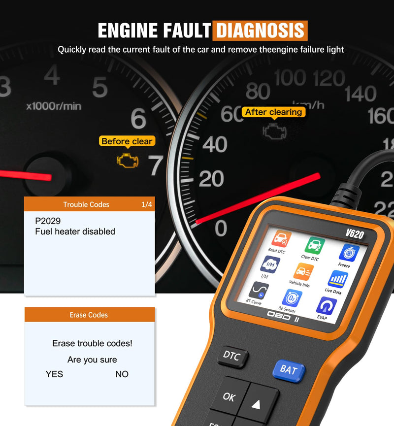 OBD2 Scanner with Upgrade Battery Tester - Diagnostic Tool for Cars That Check Engine Light & Emissions Readiness Read and Clears Vehicle Error Codes for All OBD II Protocol Vehicles Since 1996 orange