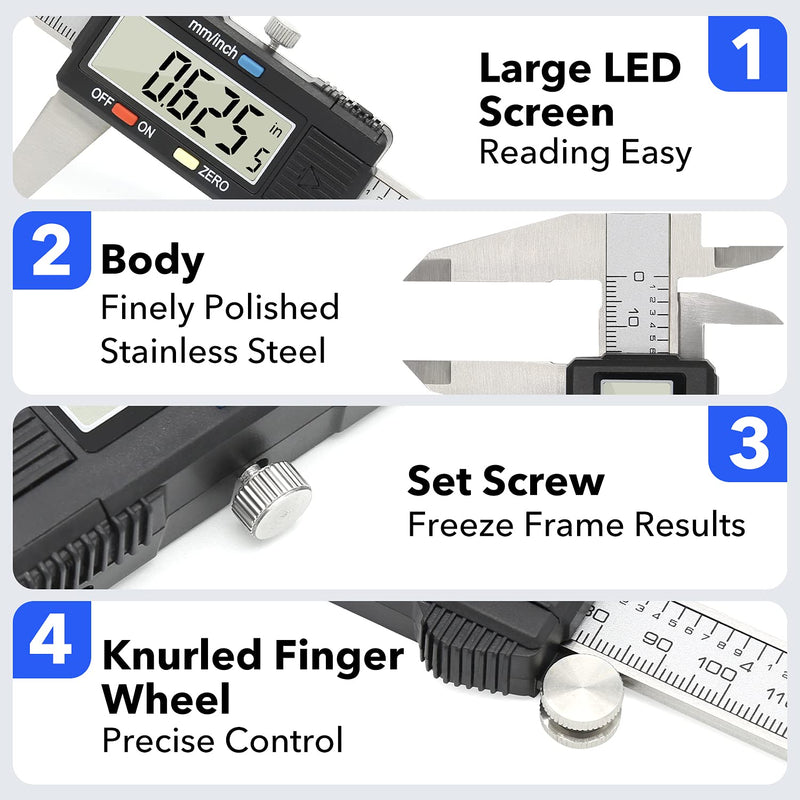 Digital Caliper Precise Measuring Tool, Vizbrite 6 inch Stainless Steel Electronic Vernier Calipers with Auto-Off Large LCD Screen, Accurate to ±0.001in/0.01mm, Easy Use Caliper 150mm Black Stainless Steel