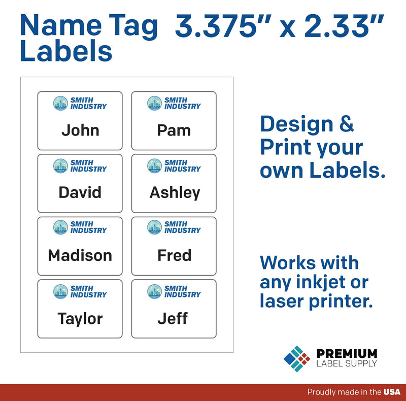 Premium Label Supply Blank Printable Name Tag Stickers - 2-1/3" x 3-3/8" - Laser/Inkjet Compatible – (8 per Sheet), 25 Sheets – 200 Total Adhesive Name Tags 200 Name Tags