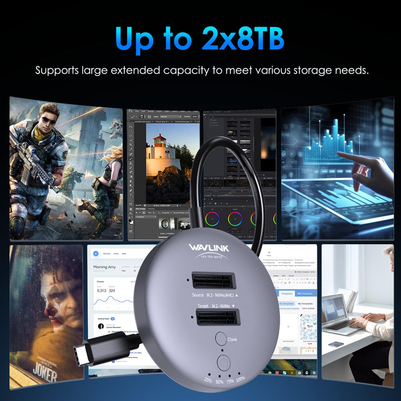WAVLINK M.2 NVMe SSD Cloner Dock, 10Gbps Dual-Bay NVMe to USB-C/A Enclosure, Supports Offline Clone, UASP, Design for M-Key or M+B Key SSDs in Size 2230/2242/2260/2280/22110, SSD Not Include