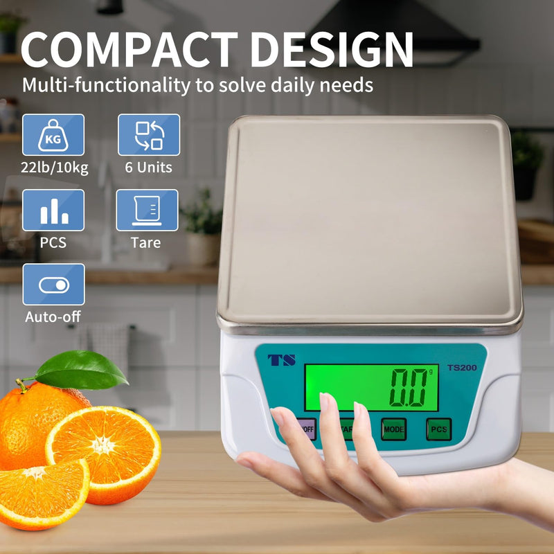 Digital Kitchen Scale 22lb/10kg,0.007zo/0.2g Food Scale for Baking with Stainless Steel Platform 6 Units LCD Display Tare Pcs Small Weighing Scale for Cooking with Batteries