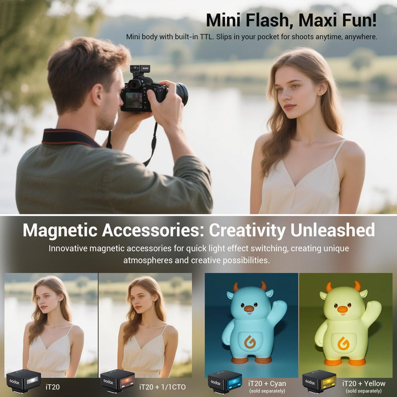 Godox iT20-S Ultra-Compact Camera Flash - Upgraded from iM20 with TTL Function & Magnetic Accessories, 45g Lightweight, 700+ Flashes, 1.5s Recycling, USB-C Charging, Compatible with Sony Cameras Godox IT20-S