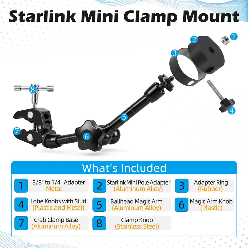 2024-2026 Starlink Mini Clamp Mount RV Adjustable Arm & Pipe Adapter