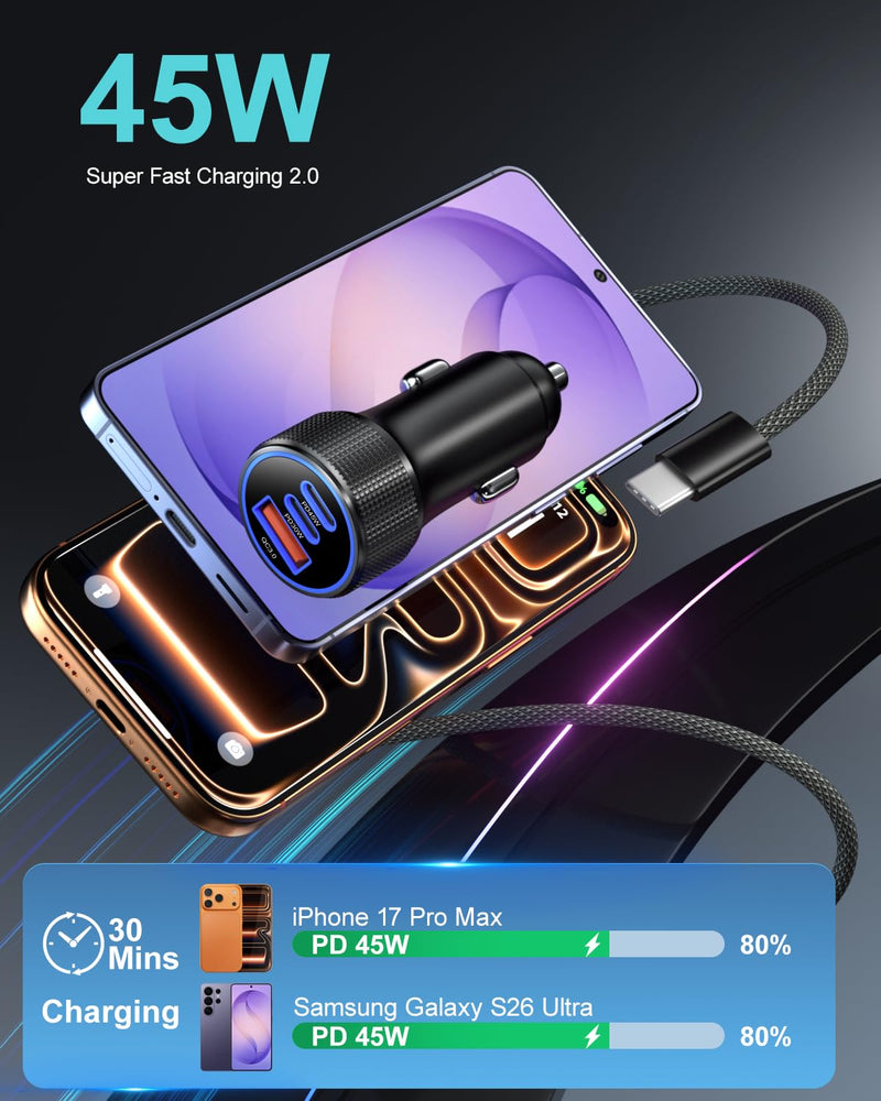 Car Charger USB C Fast Charge 45W & 30W, Besgoods 3 in 1 Cigarette Lighter Adapter [USB C & USB A] PD3.0 PPS for iPhone 17/16/15 Pro Max Galaxy S26 Ultra S25 FE S24 S23, 2Pack Black