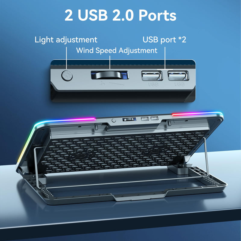 RGB Gaming Laptop Cooling Pad with Metal Panel, 2 Ultra Quiet Big Fans, 10 Lighting Modes, Phone Stand & 7 Height Adjustable Ergonomic Cooler for 10-15.6 Inch Laptops Silver