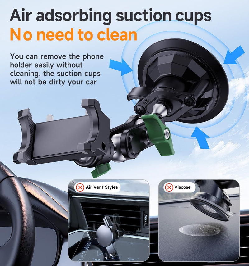 MAGIC JOHN Car Phone Holder, Ultra-Durable Mteal Phone Holders for Your Car, 360° Rotation Cell Phone Car Mount for Windshield, Suction Cup Car Phone Mount for iPhone Samsung All Smartphone Extended