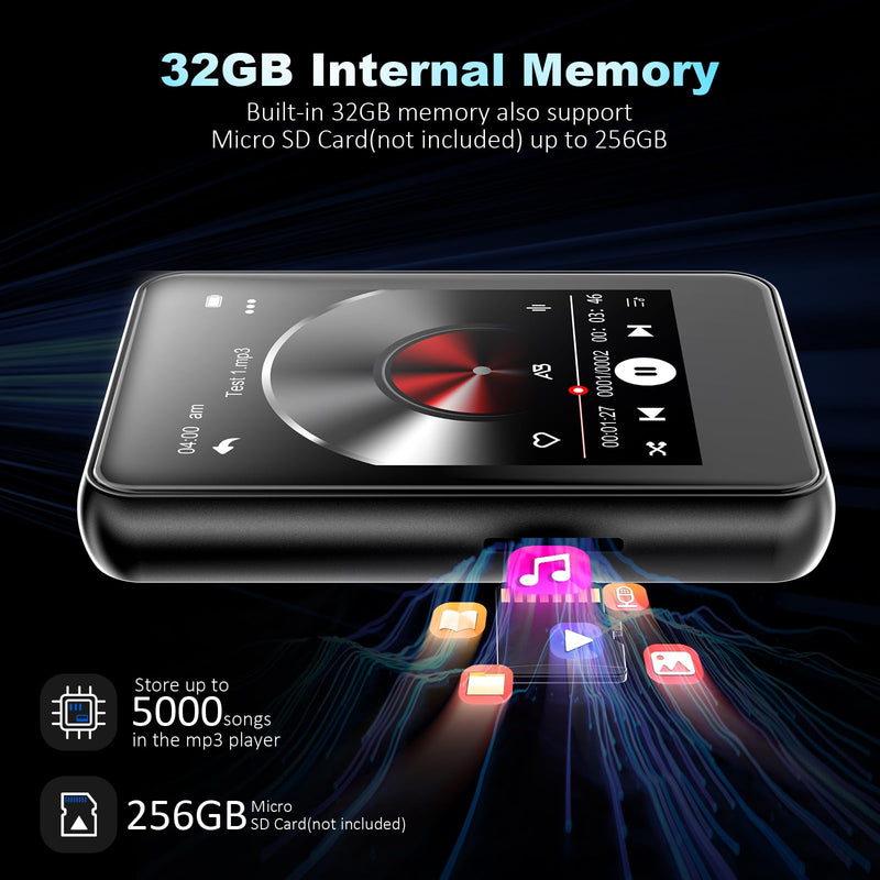 PulsePlay 32GB MP3 Player with Bluetooth 5.3,2.4" Full Touch Screen Portable Music Player with Speaker,HiFi Lossless Sound,FM Radio,Voice Recorder,Support up to 256GB TF Card,Ideal for Kids,Sports,Gym