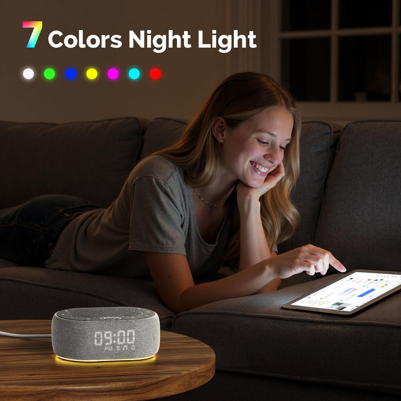 1Mii White Noise Sound Machine with Alarm Clock, Sound Machine for Sleep for Adults Baby, 30 Soothing Sounds, Smart App Controlled, Dimmable 7-Color Night Light, Sleeping Timer, 30 Volume Levels Grey