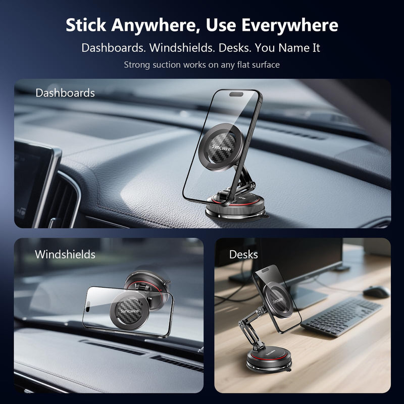 SYNCWIRE for MagSafe Car Mount [3-Axis Design] Strong Suction Cup Magnetic Phone Holder, 360° Rotation, Compatible with iPhone 17 Pro Max 16 15 14 13 12, Samsung, Carbon Fiber Head, Gloss Black Arm 3-Axis | Carbon Fiber
