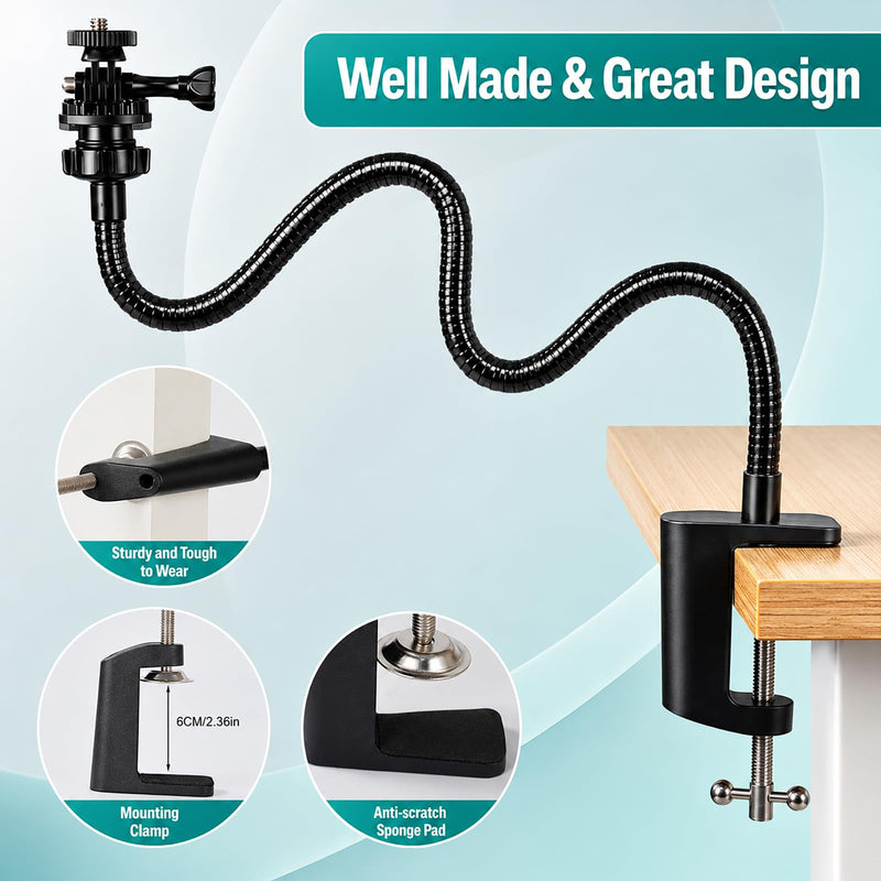 Flexible Webcam Stand Mount for Desk, Gooseneck Webcam Arm Tripod with Phone Holder, Desk Camera Mount Compatible with Logitech C922 C930e C920S C920 C615 C960 C920x Brio 4K, 1/4" Thread