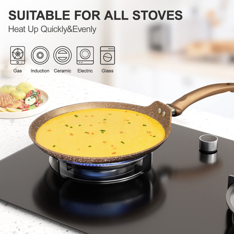 Innerwell 11 inch Nonstick Crepe Pan, Granite Coating Flat Skillet Dosa Tawa Tortilla Pan, Large Pancake Griddle Comal Pan, Compatible with All Stovetops, PFOA Free Gold