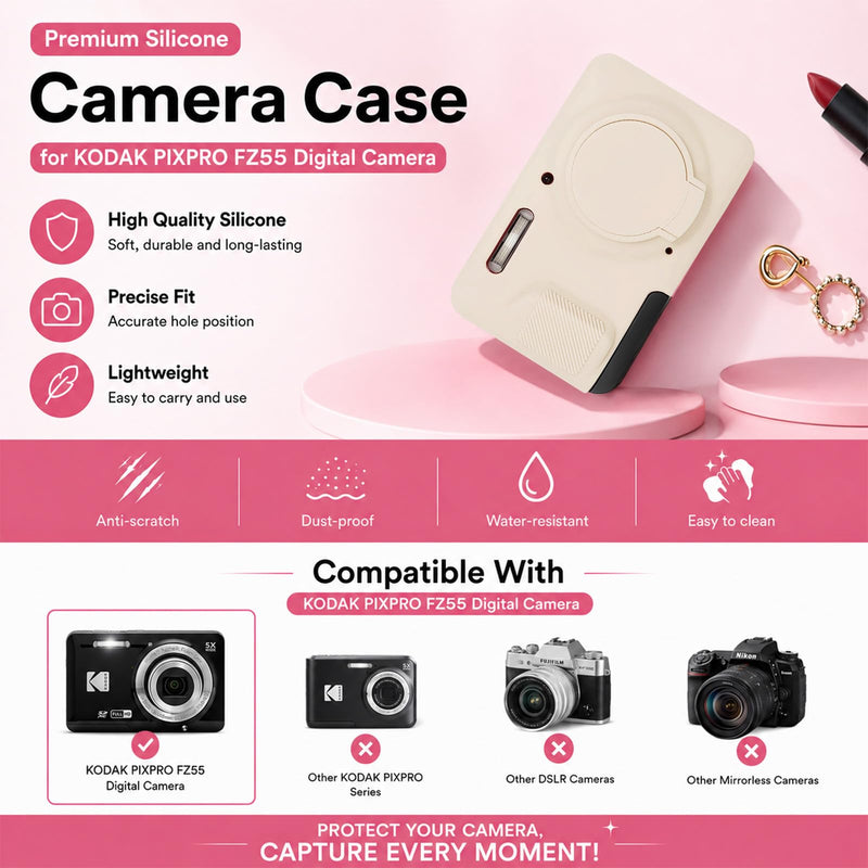 Case for Kodak PIXPRO FZ55 Digital Camera,Silicone Camera Case with Removable Lens Cover,Cute Beaded Charm Strap& 2 Pack Screen Protectors,Aesthetic Travel Camera Accessories (Beige) Beige