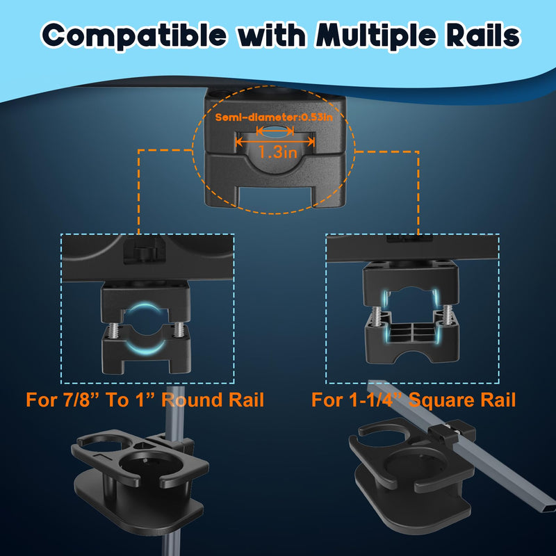 Boat Drinks Holder - Fits 1-1/4" Square Rails and 7/8" to 1" Round Rails Pontoon Drinks Holders with Rail Mount Bracket Kit, No Drilling Required. Square/Round Rail Cup Holder