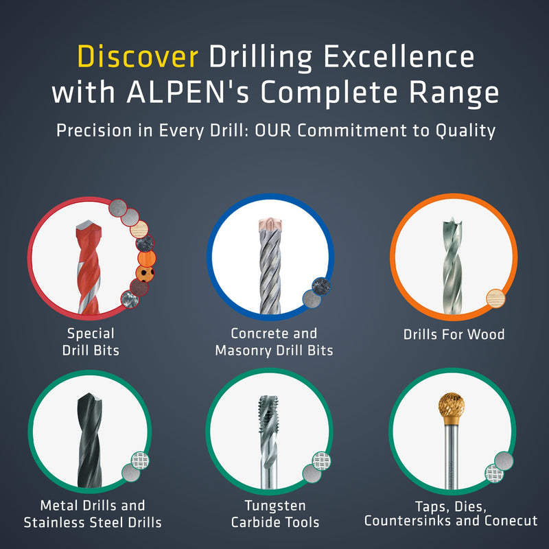 ALPEN 5-Piece Multi-Material Drill Bit Set – Tungsten Carbide Multicut, Drills Tile, Masonry, Metal, Wood & Plastic with One Bit – No Bit Changes – Austrian Engineering 5 PCS Set Cylindrical Shank