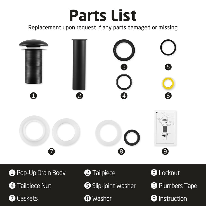 KES Solid Ceramic Cap Bathroom Sink Drain Without Overflow, Pop Up Drain for Bathroom Sink, Ceramic Bathroom Sink Stopper, All-Metal Body Matte Black, S2008D-CB for NO overflow sink