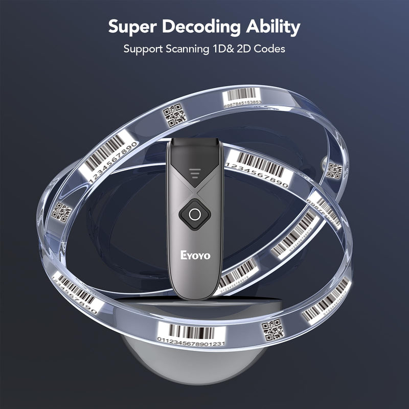 Eyoyo Bluetooth 2D&1D Barcode Scanner, Portable Wireless Mini Barcode Reader with 2.4G Wireless/Bluetooth/USB Wired Connection QR Code Scanner Compatible with Pad, Phone, Android, Tablet PC Grey