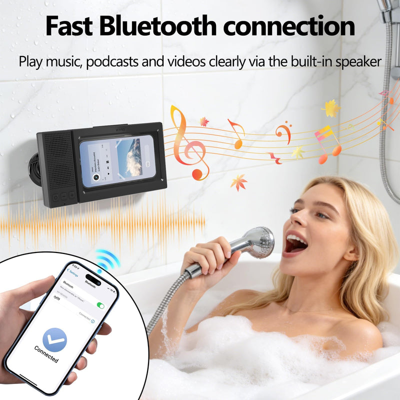 Shower Phone Holder with Wireless Bluetooth Speaker,- 480°Rotatable Retractable Adjustable Shower iPhone Case, Bathroom Wall Phone Stand Water Proof Anti Fog,Accessories for 4-7"Cellphones (Black) Black
