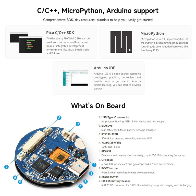 Waveshare RP2350 MCU Board, with 1.28inch Round Touch LCD, Dual-core & Dual-Architecture Design, 240×240 Pixels, 65K Color, IPS Panel, with Case