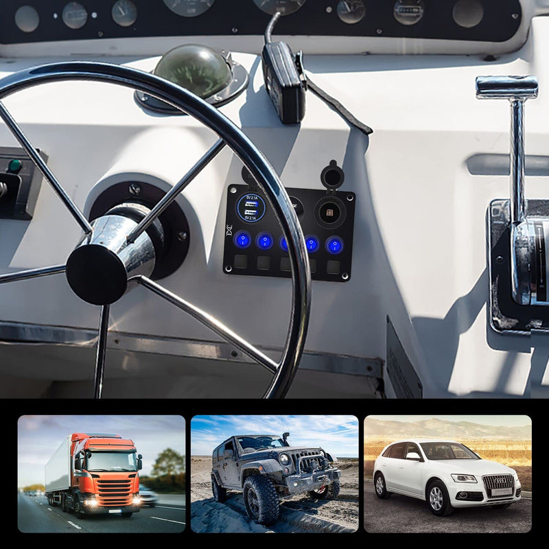 Upgrade Blue 5 Gang Marine Boat Rocker Switch Panel Circuit Breakers, Waterproof Switch Panel with 15A Inline Fuse for Truck RV, Digital Voltmeter USB Charger Port DC 12 Volt Power Outlet Socket