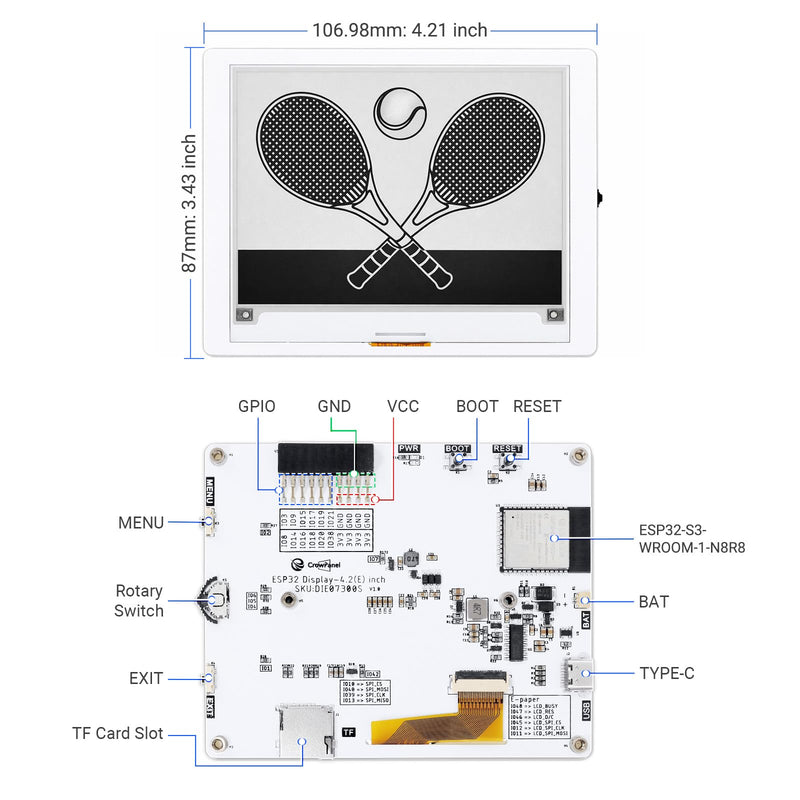 4.2 Inch E-Ink Display with ESP32-S3 Development Board | Black/White E-Paper Display with 400x300 Resolution, Driven by SPI Interface, Ultra-Low Power, Compatible with Arduino IDE 4.2" E-Ink Display