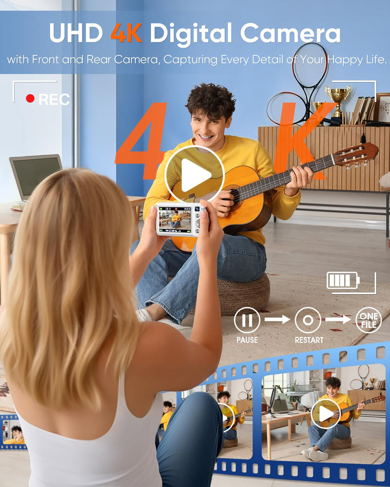 Digital Camera, 4K 64MP Autofocus 16X Zoom Camera with Dual Lens(White) | 2026 Latest Anti-Shake Point Shoot Camera, Compact Travel Vlogging Camera for Teens Adults Beginner, 32GB Card, 2 Batteries White