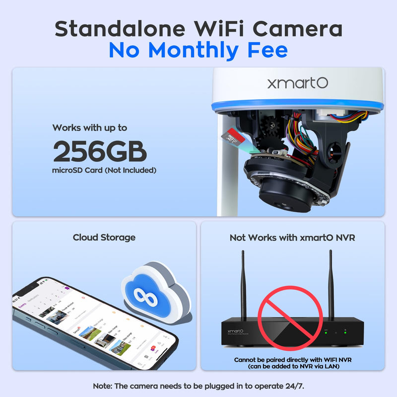 xmartO [AI Tracking Dome CAM 2K HD Metal Dome PTZ Wireless Security Camera with Automatic Tracking, 2-Way Audio and Night Vision (Standalone WiFi Camera, Works with WiFi Router Only) SINGLE