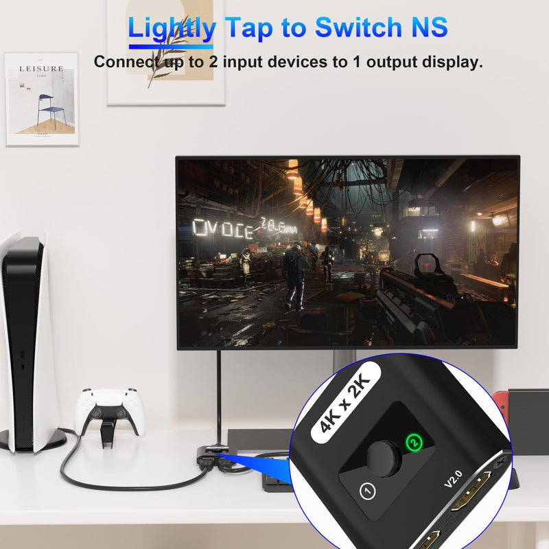 HDMI Switch Splitter 4K@60Hz, Aluminum Bi-Directional HDMI 2.0 Switcher, HDMI Splitter 1 in 2 Out/ 2 in 1 Out, Support 4K 3D HDR for Xbox, PS5/4/3, Fire Stick, Roku, HDTV, Projector, Computer (Black) Black
