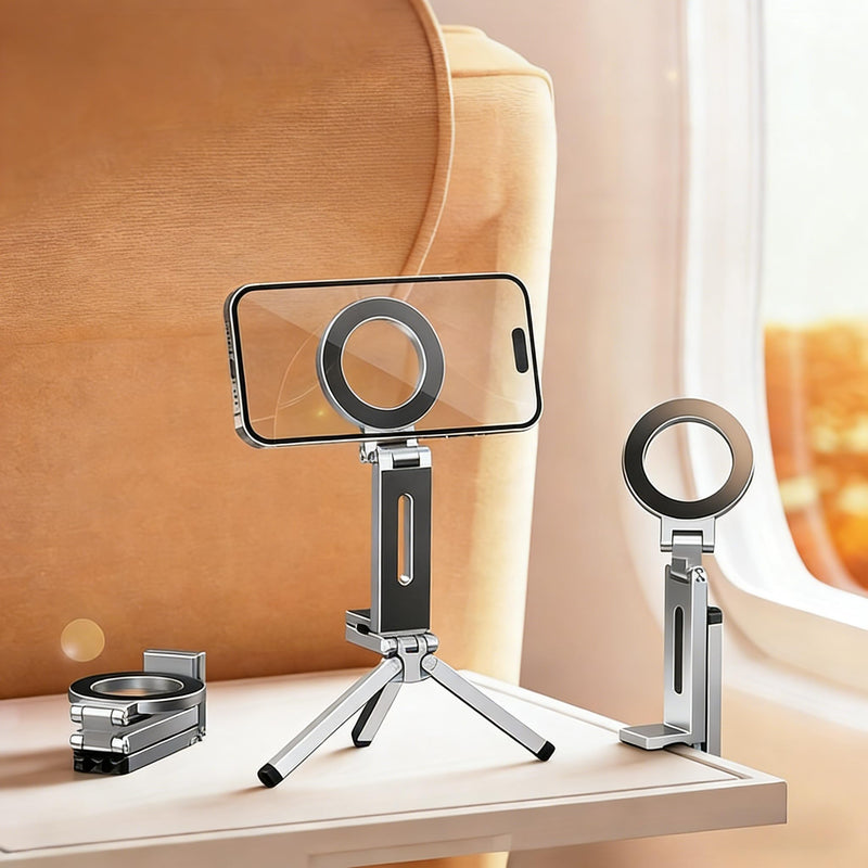 Magnetic Tripod for iPhone 17/16/15/14/13/12 Plus Pro Max Series,Aluminium Mini Magnetic Phone Tripod for iPhone,360° Adjustable Magic Clip Folding Magnetic Phone Stand,1/4" Screw (Grey) Grey