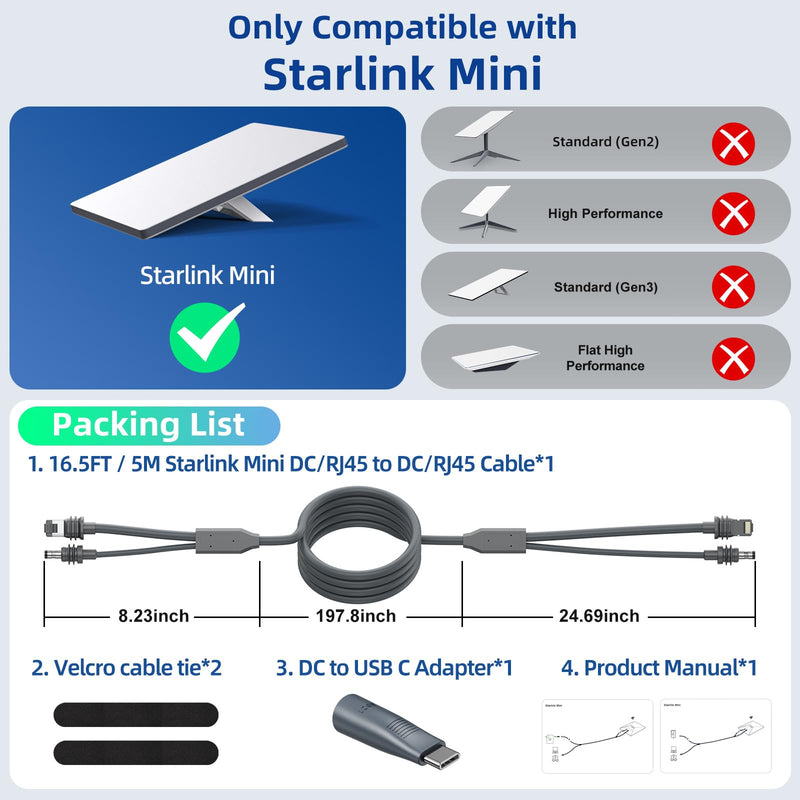 for Starlink Mini Ethernet Cable with Power Cord, 3 in 1 - RJ45 to RJ45 / DC to DC/DC to C, Replacement Waterproof Extension for Starlink Mini Cable Accessories (16.4FT/5M) 5.0 Meters