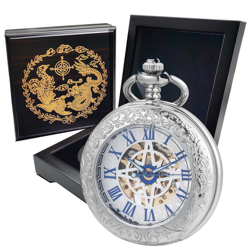 Mechanical Pocket Watch, for Men Women Special Magnifier Half Hunter Engraved Case Roman Numerals with Chain B-f. Compass, Silver, Blue + Wood Box