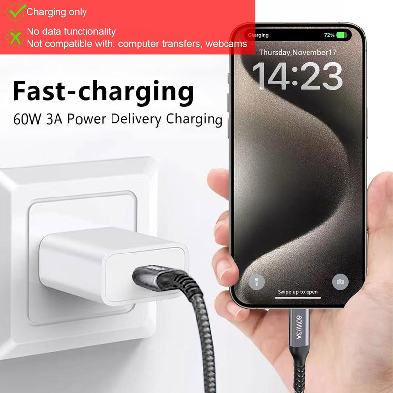 30FT USB-C to USB-C Cable 60W(no data), Extra Long USB Type-C to Type-C Cable 2.0, USB C Charger Cable for iPhone 15,MacBook Pro 2020,iPad Air 5th,Galaxy S24 S23 S22,Note 20,Pixel 7,Switch,Moto,Grey 30FT Grey 1