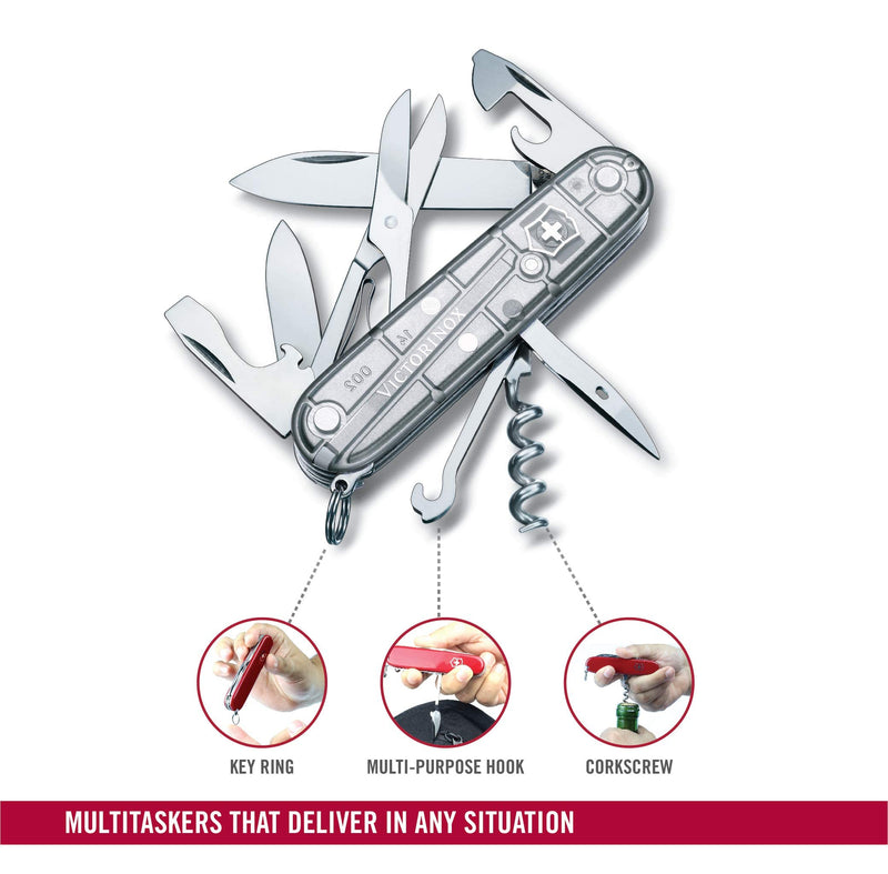 Victorinox Climber Swiss Army Knife, 14-Function Pocket Knife, Silver | Swiss-made pocket knife, durable construction, multifunction tool, camping and everyday use Silver Tech