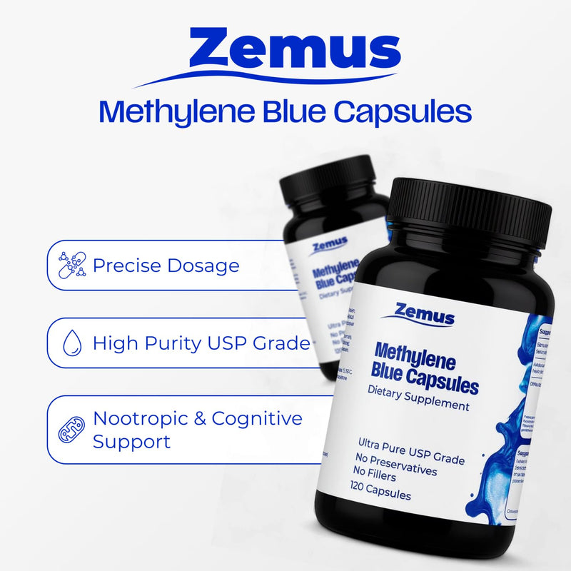 Zemus Methylene Blue Capsules – 15mg Pharmaceutical Grade USP – Made in USA – 99.9% Pure Methylene Blue for Human Use, Lab Tested, Cognitive Support - 120 Capsules 120 Capsules - 120 Day Supply