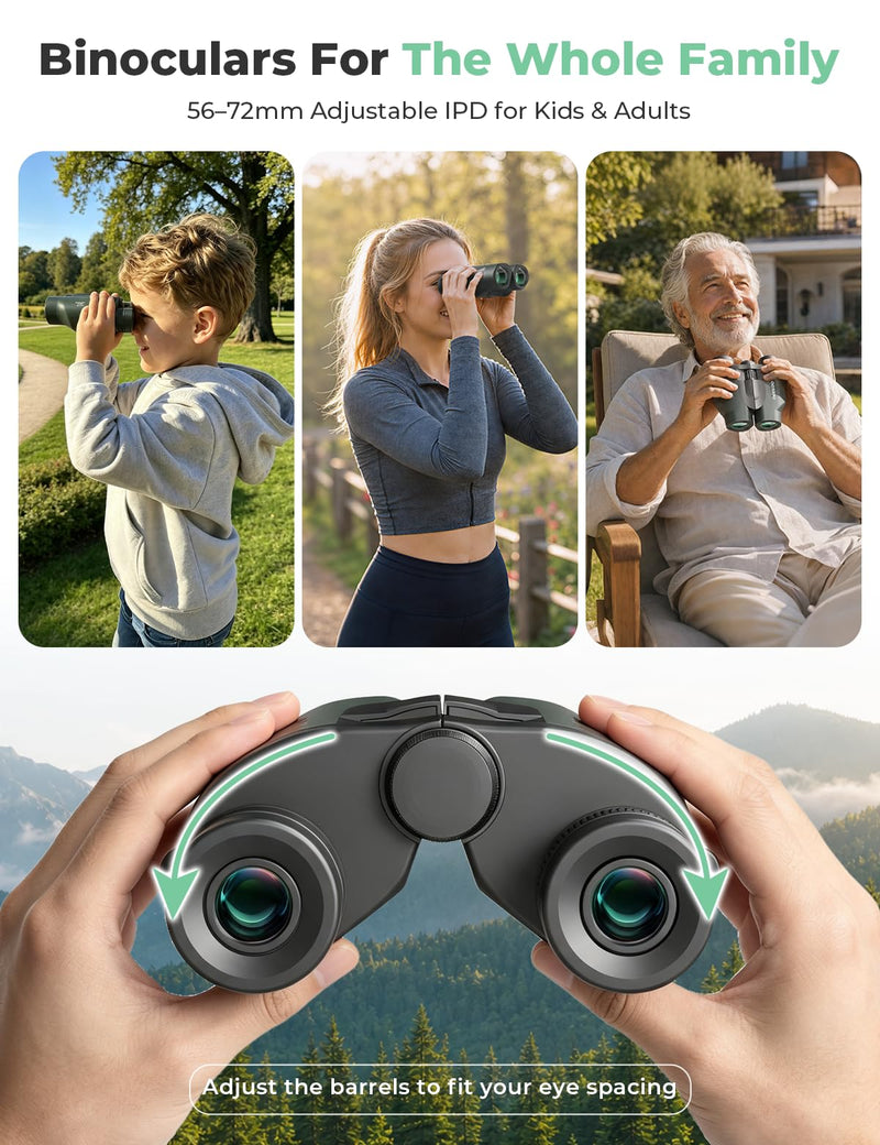 25x32 Compact Binoculars for Adults Kids, High Power BAK4 FMC Lightweight | Lightweight Pocket Size for Travel, Eyeglass Friendly, Small Binoculars for Cruise Ship, Clear Vision for Bird Watching Green