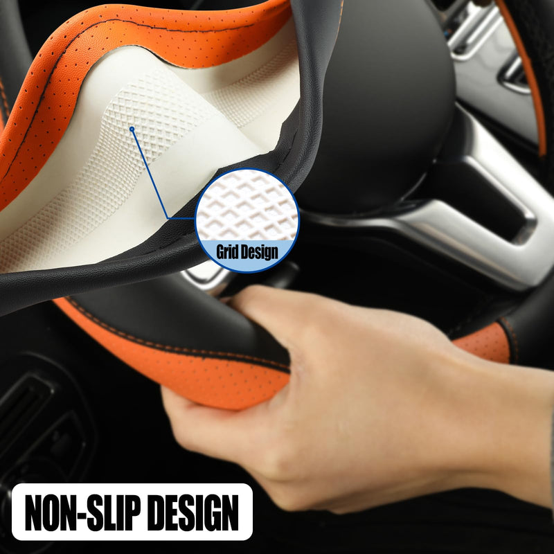  [AUSTRALIA] - Leather Steering Wheel Cover, Breathable, Anti Slip & Odor Free, Black and Orange Black Orange Round-Middle[14.5''-15'']