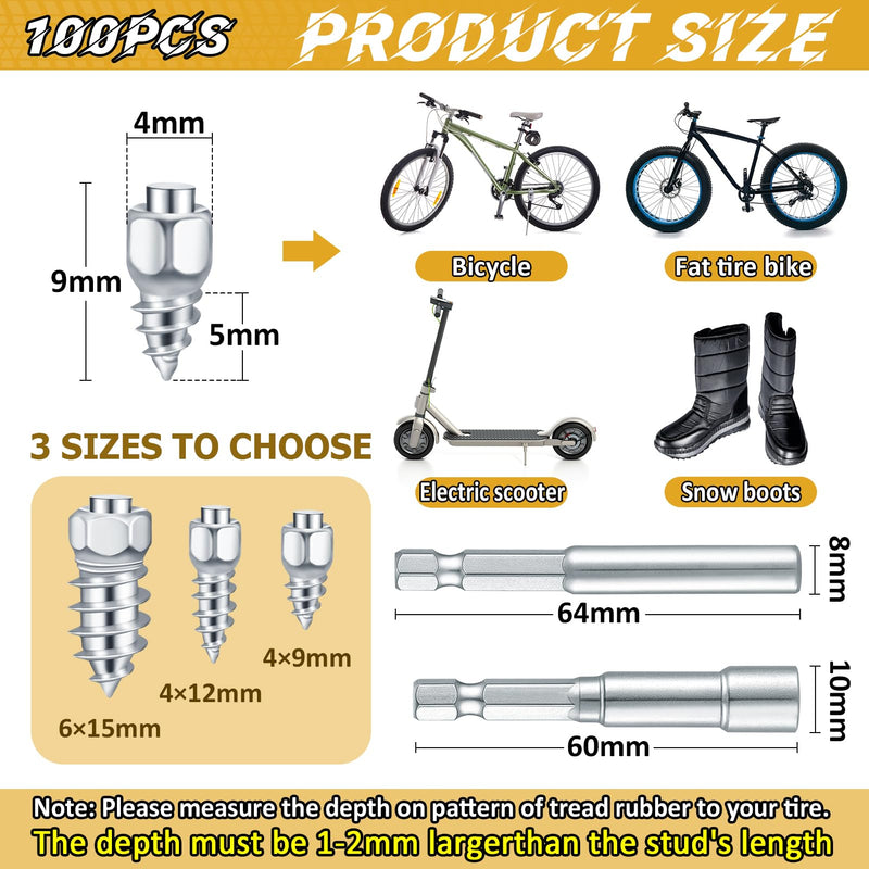 100 Pcs Tire Studs - 4 x 9mm Wheel Tyre Snow Studs with Installation Tool, Carbide Screw Tire Studs for Bicycle, Motorbike, ATV, UTV, Snow Boot, Anti-Slip Accessories 4 x 9 mm