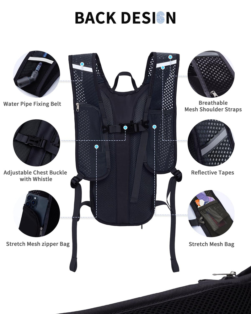 Blue Quartz Hydration Backpack with 2L Water Bladder, Hiking Water Backpack for Women Men, Lightweight Cycling Daypack with Phone Pocket & Helmet Net Bag, Hydration Pack for Biking, Running, Skiing Black Medium