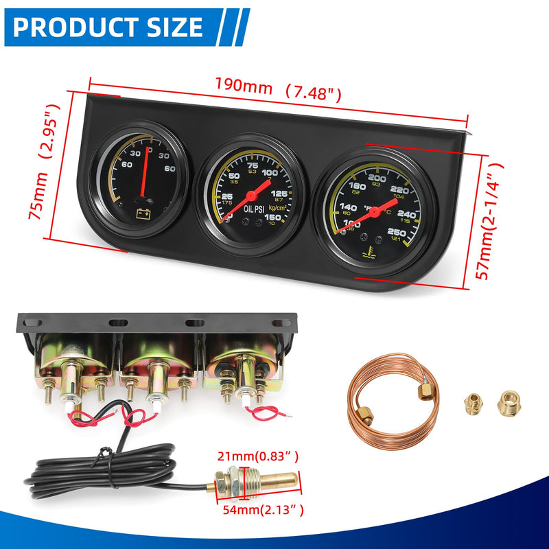 MH 2inch 52mm Triple Gauge Set, Oil Pressure Gauge(0-150PSI) Water Temperature (100°F-280°F) Ammeter (-60 to 60AMP) Car Auto 3 Gauge Cluster Set Kit