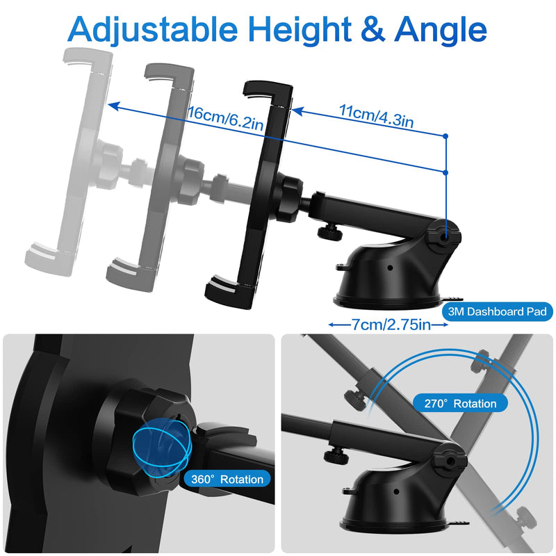 Dashboard Car Tablet Mount Suction [Telescopic Adjustable Arm] Car Dash Windshield Tablet Holder for iPad Pro 12.9 Air Mini, Galaxy Tabs, Fold, iPhone, 4-13" Tablets & Phones