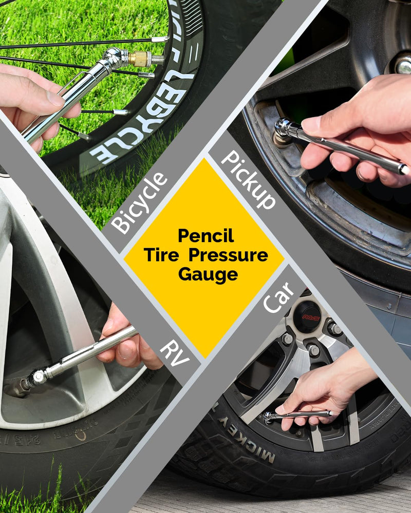 Pencil Tire Pressure Gauge 2 Pack with Valve Caps, Stainless Steel Body Tire Gauges for Tire Pressure with Deflator Valve, Metal Nozzle Tire Gauge for Cars, Pickups, RVs, Bicycles