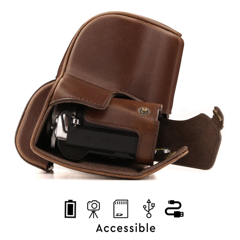 MegaGear Olympus OM-D E-M10 Mark III (14-42mm) Ever Ready Leather Camera Case and Strap, with Battery Access - Dark Brown - MG1346
