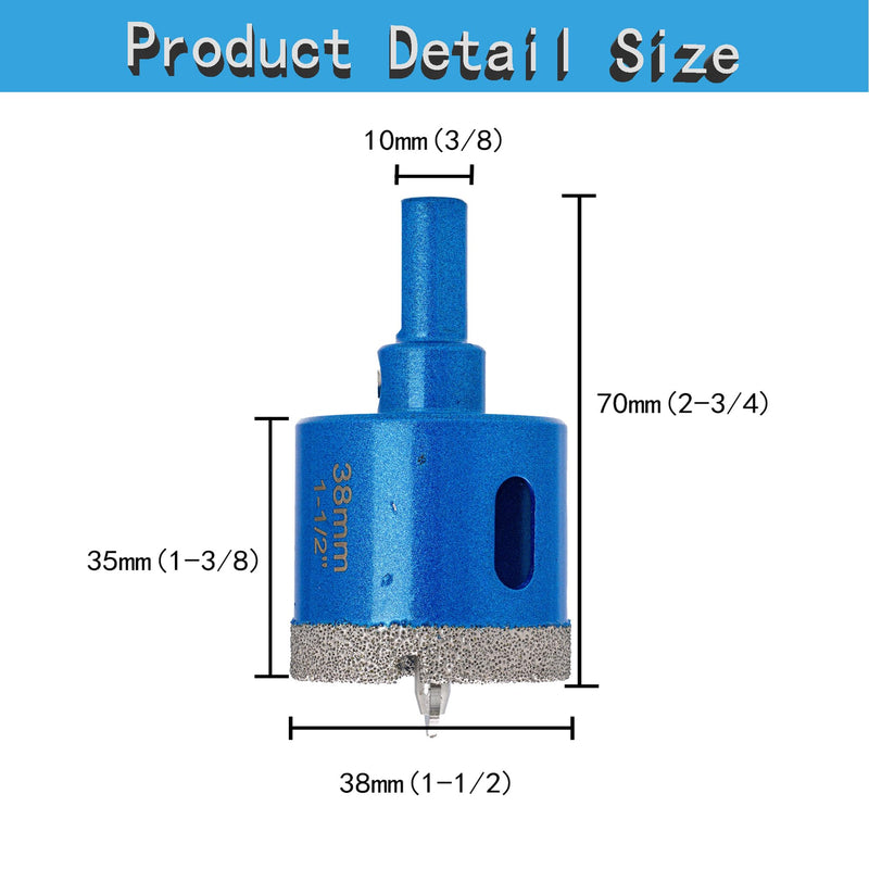 1-1/2 Inch Diamond Core Drill Bits,Vacuum Brazed Hole Saw with Pilot Triangle Shank for Ceramic Tile Glass Concrete Porcelain Granite Pack of 2Pcs Head diameter 38mm(1-1/2")