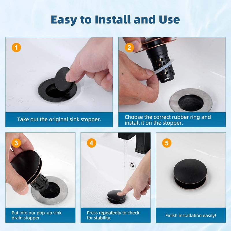 Hibbent 2 Pack 3 in 1 Bathroom Sink Drain Strainer, Pop Up Sink Stopper with Big Push Cap, Anti-Clogging Metal Filter Basket,Sink Plug with Hair Catcher for 1.1''~2.36'' Basin, Oil-Rubbed Bronze