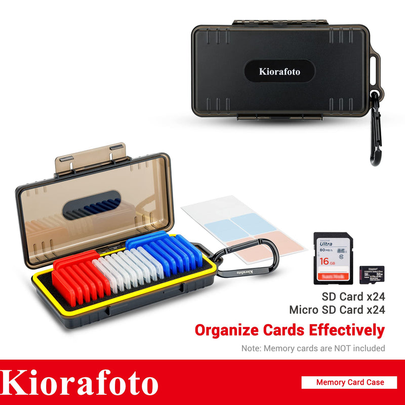 Kiorafoto Memory Card Case with 24 Pack Clear Plastic Memory Card Holders for 24 SD SDXC SDHC & 24 TF Cards,Water-Resistant Anti-Shock SD MicroSD Card Carrying Organizer Storage Protector with Labels for 24 SD + 24 Micro SD（With Box）