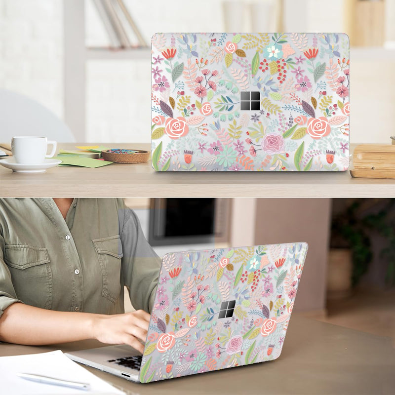 Case Compatible with 13.8" Microsoft Surface Laptop 7 Windows 11 PC 2024 Release Model 2036, Plastic Hard Shell Case + Keyboard Cover + Screen Protector + Webcam Cover, Pink Flower
