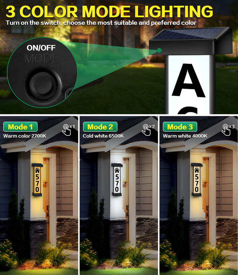 DBF Solar Address Sign, Dual-Sided House Numbers for Outside Waterproof, 3 Colors LED Illuminated Solar Powered Address Plaque with Stakes, Outdoor House Number for Yard Street Home Garden, Vertical Ground&Wall