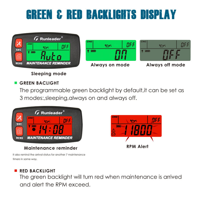 Runleader Digital Maintenance Tach Hour Meter Gauge,RPM Alert,Backlight Display,Battery Replaceable,Used for Small Gas Engine, Works on Garden Tractor Motorcycle Generator Snowmobile Chainsaw Marine.
