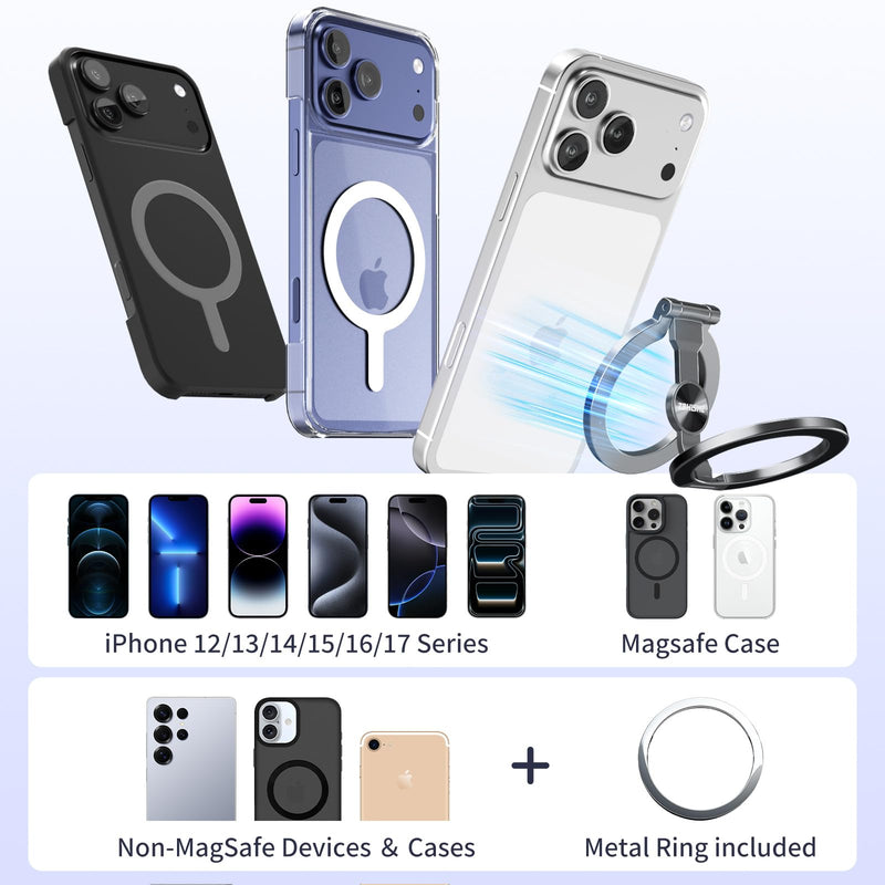 Magnetic Phone Ring for MagSafe Grip [Phone Holder] [Dual-Sided Magnetic] [Magnet Phone Stand Grip Compatible with Car Mounts] Mag Safe Accessory for iPhone 17/16/15/14/13 Pro Max Plus, Grey